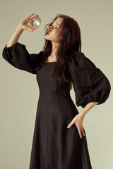 Linen Puff Sleeve Midi Dress with Square Neckline and Flared Hem