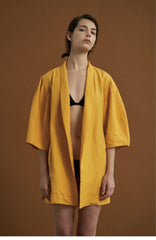 Elegant Linen Wrap Jacket with Oversized Sleeves and Waist Tie