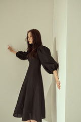 Linen Puff Sleeve Midi Dress with Square Neckline and Flared Hem