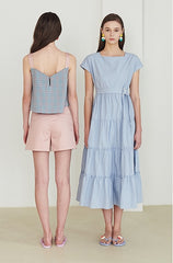 Cotton Poplin Midi Dress with Tiered Skirt and Belted Waist – Cap Sleeve Summer Essential