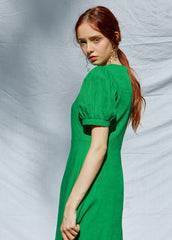 Elegant Puff-Sleeve A-Line Midi Linen Dress With Tailored Waist