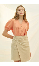 Asymmetric Wrap High-Waist Skirt in Linen Fabric with Minimalist Button Detail