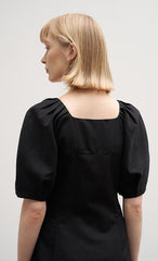 Square Neck Linen Midi Dress with Puff Sleeves and Button-Front Flared Silhouette