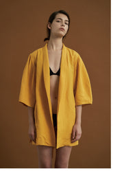 Elegant Linen Wrap Jacket with Oversized Sleeves and Waist Tie