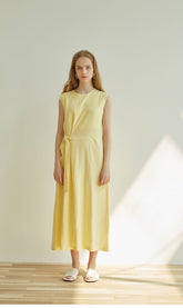 Sleeveless Midi Linen Dress for Women with Side Tie Detail and Back Keyhole Closure