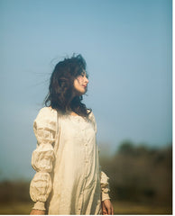 Laura Linen Cotton Square Neck Marie Sleeve Maxi Shirt Dress