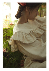 Vestido de lino y algodón Sherry con mangas largas y volantes