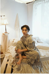 Vestido largo Madeline de lino y algodón con mangas abullonadas y volantes