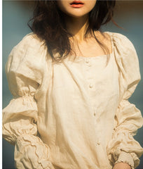 Laura Linen Cotton Square Neck Marie Sleeve Maxi Shirt Dress