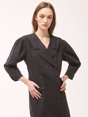 Chic Double-Breasted Linen Dress with Statement Collar and Puff Sleeves for Elegant Styling