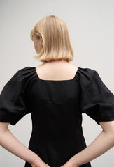 Square Neck Linen Midi Dress with Puff Sleeves and Button-Front Flared Silhouette