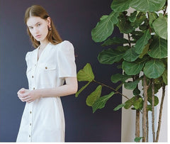 Tailored V-Neck Linen Midi Dress With Belt And Button-Front Detail For Women’s Spring Styling