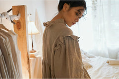 Vestido largo Madeline de lino y algodón con mangas abullonadas y volantes