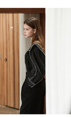 Elegant Linen Blouse with Structured Sleeves and Contrast Piping – Premium Women's Shirt Top