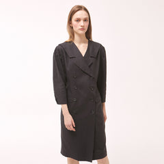Chic Double-Breasted Linen Dress with Statement Collar and Puff Sleeves for Elegant Styling