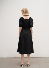 Square Neck Linen Midi Dress with Puff Sleeves and Button-Front Flared Silhouette