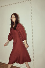 Square Neck Linen Midi Dress with Puff Sleeves and Flared Skirt