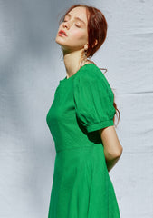 Elegant Puff-Sleeve A-Line Midi Linen Dress With Tailored Waist