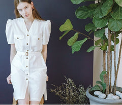 Tailored V-Neck Linen Midi Dress With Belt And Button-Front Detail For Women’s Spring Styling