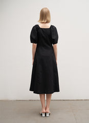 Square Neck Linen Midi Dress with Puff Sleeves and Button-Front Flared Silhouette