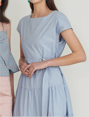 Cotton Poplin Midi Dress with Tiered Skirt and Belted Waist – Cap Sleeve Summer Essential