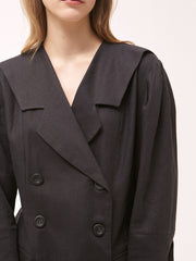 Chic Double-Breasted Linen Dress with Statement Collar and Puff Sleeves for Elegant Styling