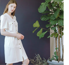 Tailored V-Neck Linen Midi Dress With Belt And Button-Front Detail For Women’s Spring Styling
