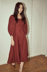 Square Neck Linen Midi Dress with Puff Sleeves and Flared Skirt