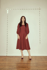 Square Neck Linen Midi Dress with Puff Sleeves and Flared Skirt