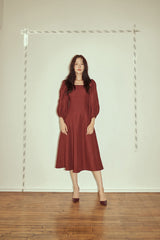 Square Neck Linen Midi Dress with Puff Sleeves and Flared Skirt