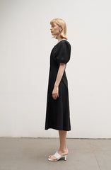 Square Neck Linen Midi Dress with Puff Sleeves and Button-Front Flared Silhouette
