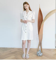 Tailored V-Neck Linen Midi Dress With Belt And Button-Front Detail For Women’s Spring Styling