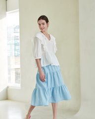 Ruffled Linen Blouse with Puff Sleeves and Peplum Hem – Lightweight Summer Top