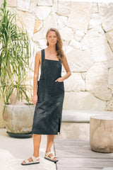 Linen Midi Pinafore Dress with Square Neckline, Wide Straps, and Patch Pocket Detail