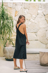 Linen Midi Pinafore Dress with Square Neckline, Wide Straps, and Patch Pocket Detail