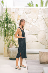 Linen Midi Pinafore Dress with Square Neckline, Wide Straps, and Patch Pocket Detail