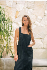 Linen Midi Pinafore Dress with Square Neckline, Wide Straps, and Patch Pocket Detail