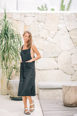 Linen Midi Pinafore Dress with Square Neckline, Wide Straps, and Patch Pocket Detail