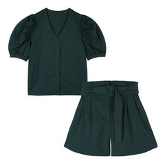 Structured Linen Blouse With Puff Sleeves and V-Neckline