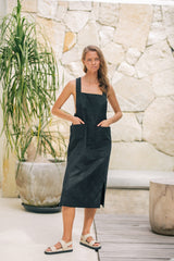 Linen Midi Pinafore Dress with Square Neckline, Wide Straps, and Patch Pocket Detail