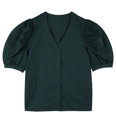 Structured Linen Blouse With Puff Sleeves and V-Neckline