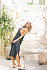 Linen Midi Pinafore Dress with Square Neckline, Wide Straps, and Patch Pocket Detail