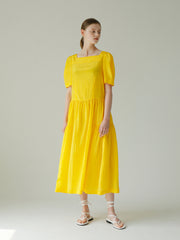 Linen Puff Sleeve Midi Dress With Square Neckline And Gathered Skirt