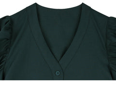 Structured Linen Blouse With Puff Sleeves and V-Neckline