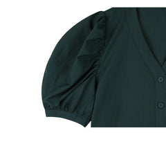 Structured Linen Blouse With Puff Sleeves and V-Neckline