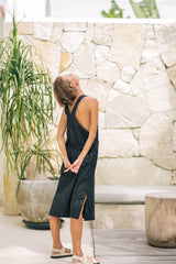 Linen Midi Pinafore Dress with Square Neckline, Wide Straps, and Patch Pocket Detail