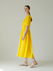 Linen Puff Sleeve Midi Dress With Square Neckline And Gathered Skirt