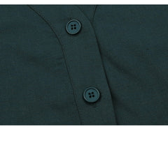 Structured Linen Blouse With Puff Sleeves and V-Neckline