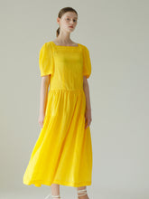 Linen Puff Sleeve Midi Dress With Square Neckline And Gathered Skirt