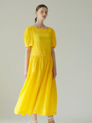 Linen Puff Sleeve Midi Dress With Square Neckline And Gathered Skirt